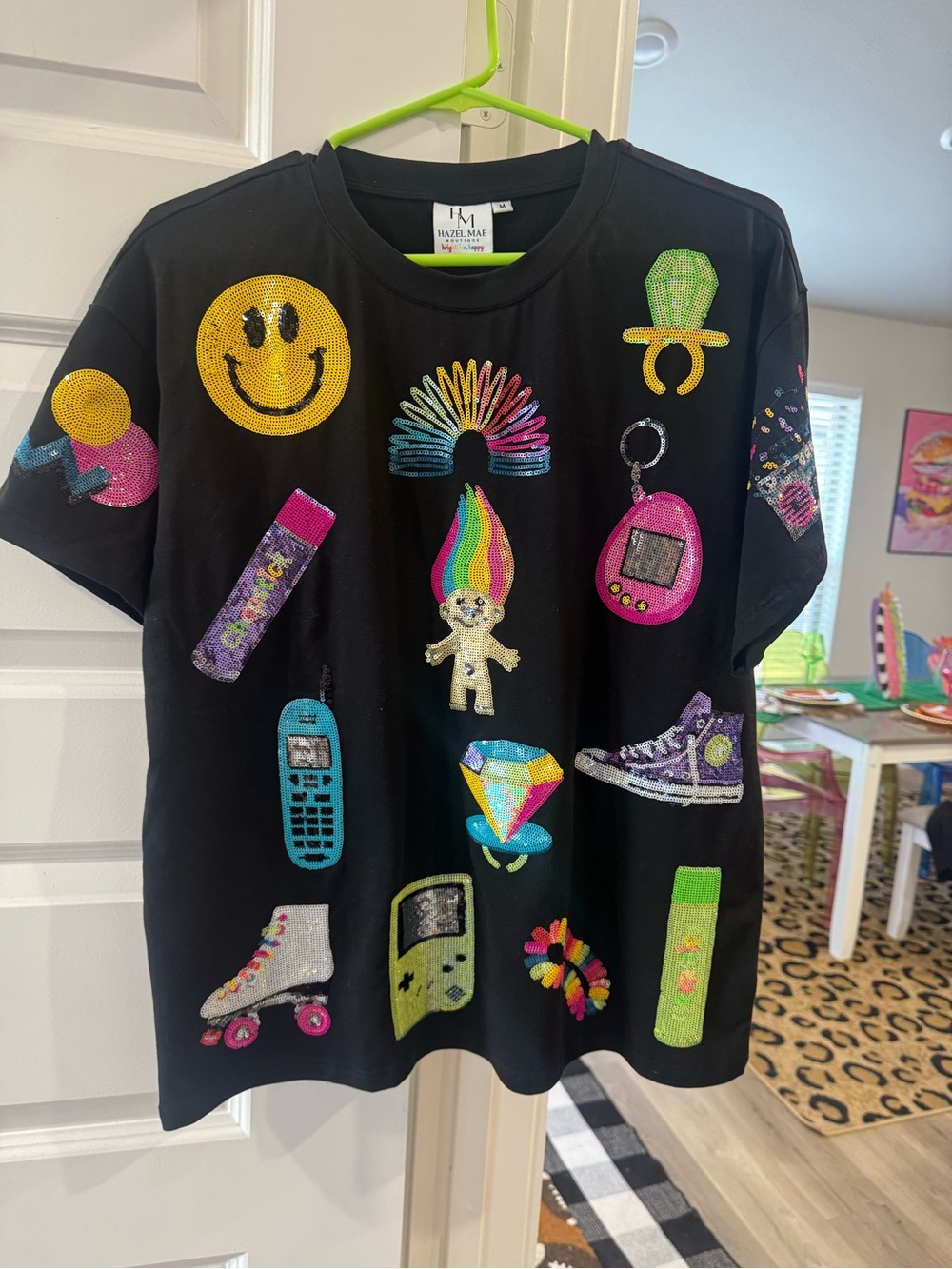 hazel Black Short-Sleeve Tee with Colorful Sequin Icons